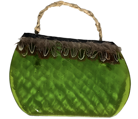 Unique Natural Harakeke and Green Glass Kete